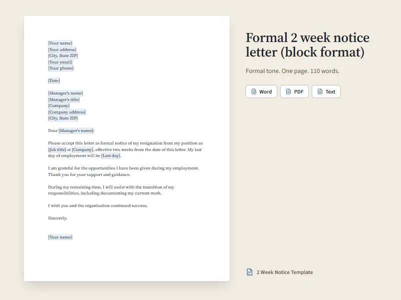 Preview of the formal 2 week notice letter (block format), a one-page letter with blanks for your details.