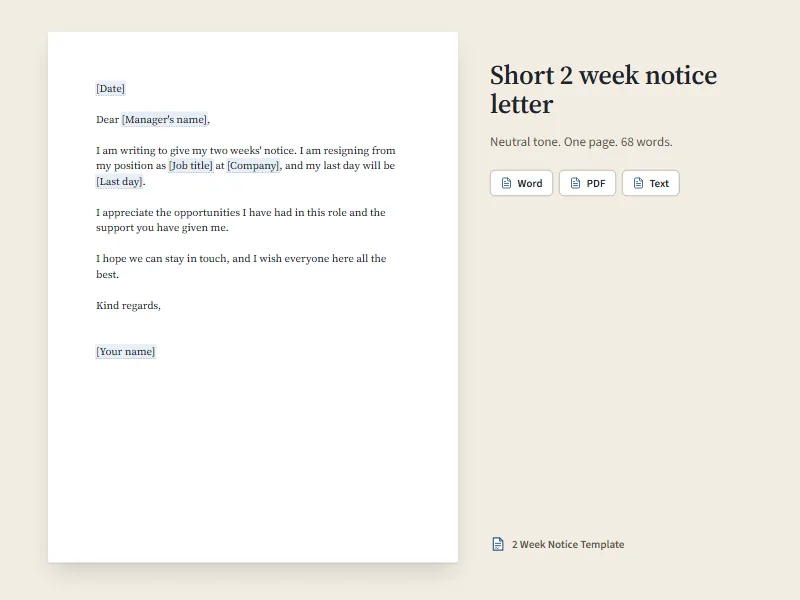 Preview of the short 2 week notice letter, a one-page letter with blanks for your details.