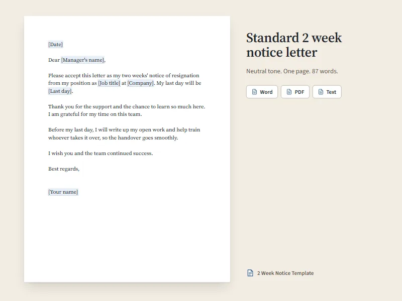 Preview of the standard 2 week notice letter, a one-page letter with blanks for your details.
